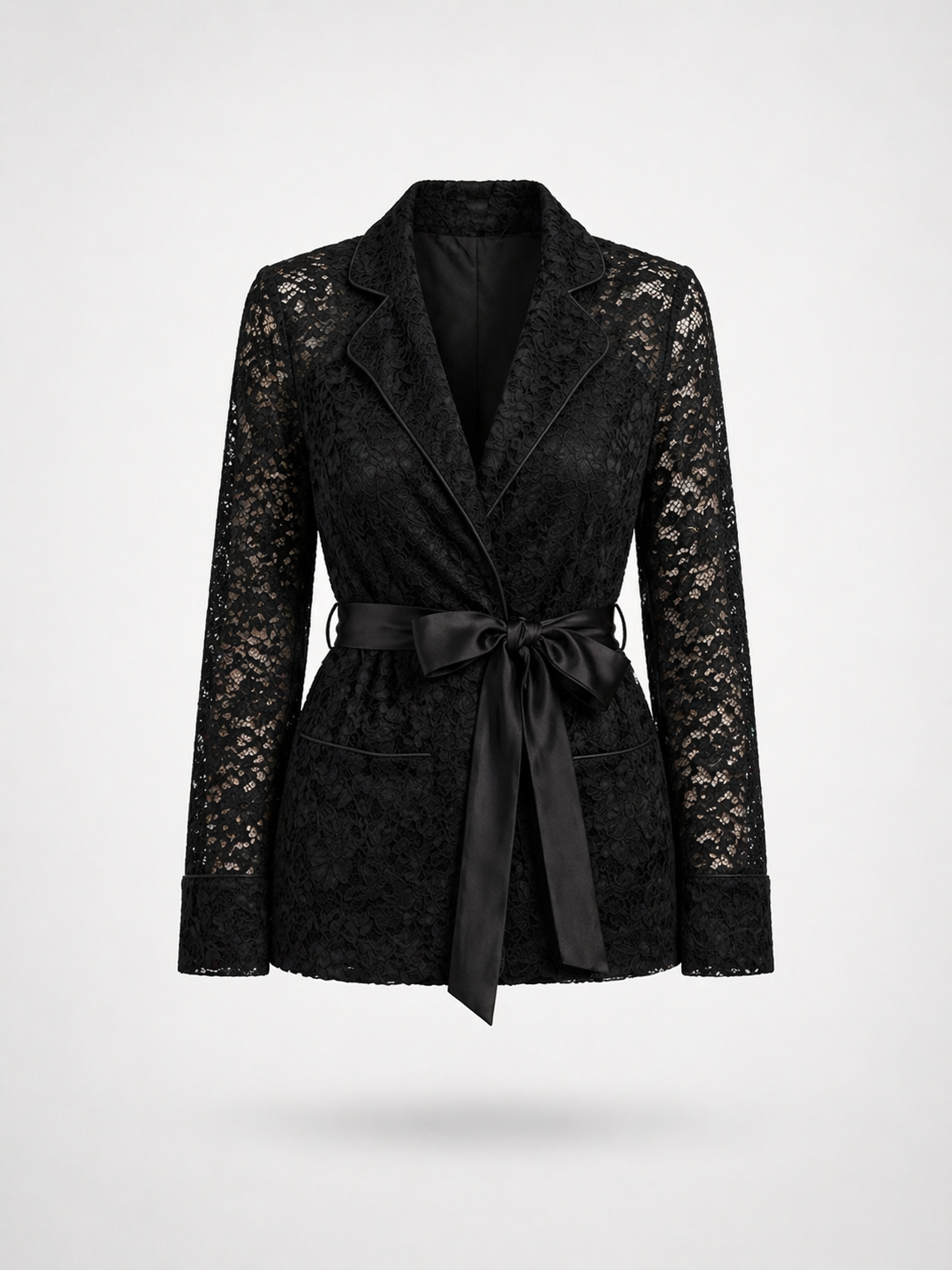 Satin-Tie Lace Tailored Jacket -La Noir