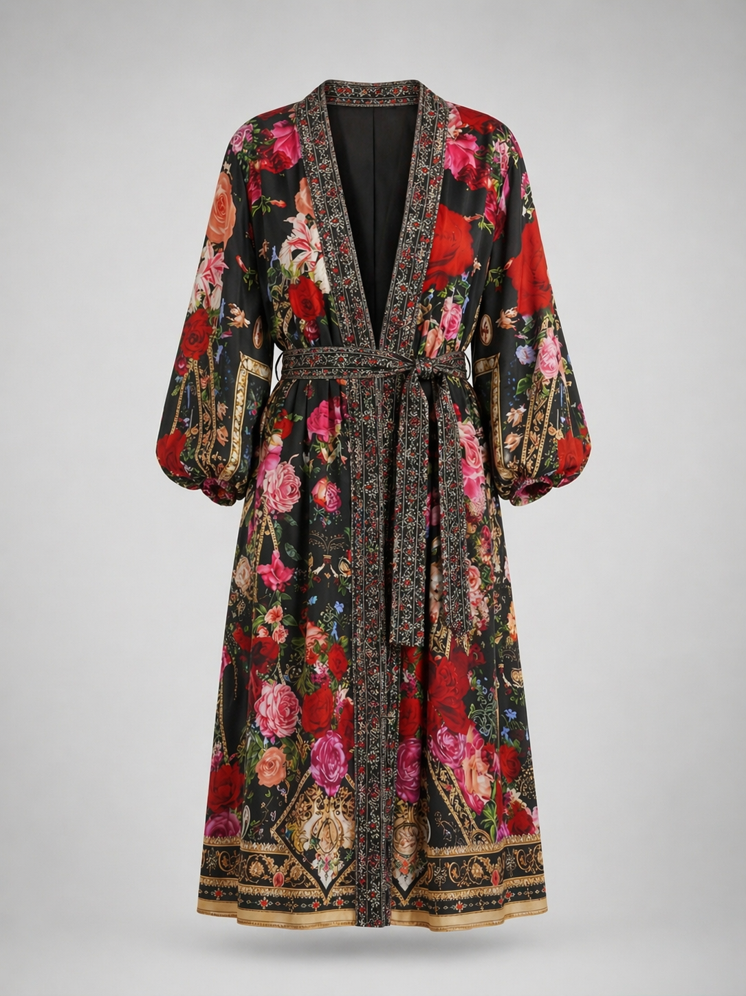 Midnight Flora Elegant Silk Wrap Dress