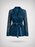 Satin-Tie Lace Tailored Jacket -La Azure