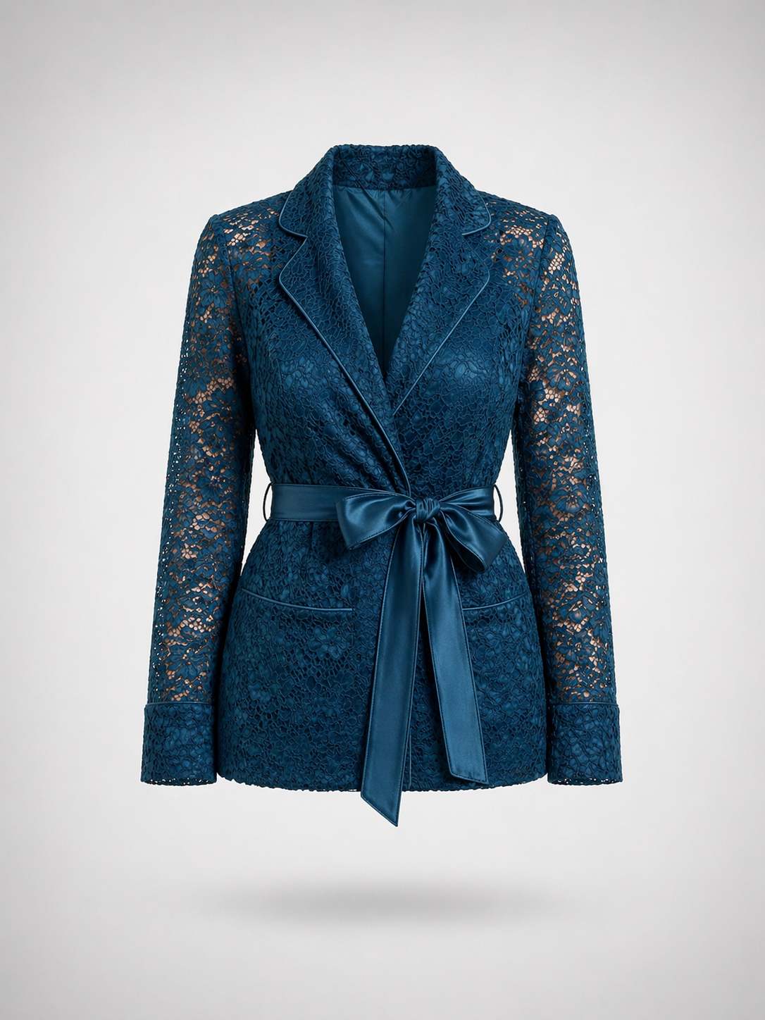 Satin-Tie Lace Tailored Jacket -La Azure