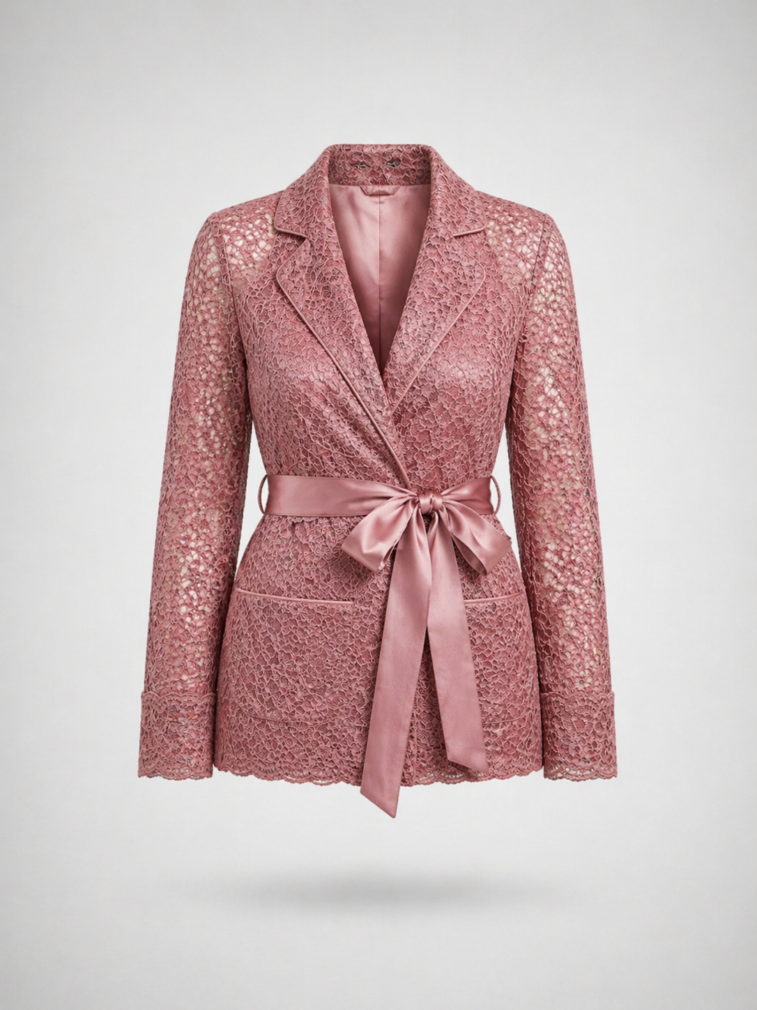Satin-Tie Lace Tailored Jacket -La Dusty Rose