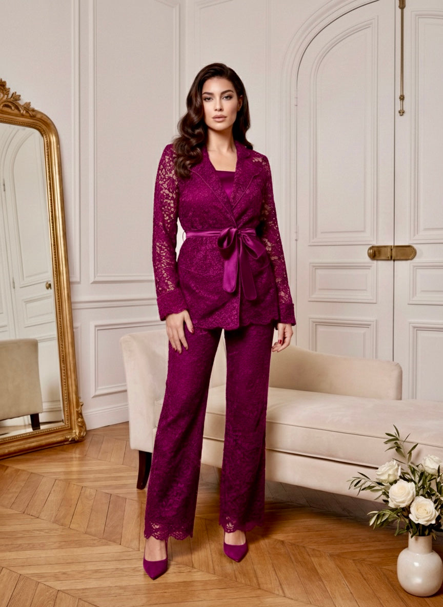 Satin-Tie Lace Tailored Jacket -La Bardoux