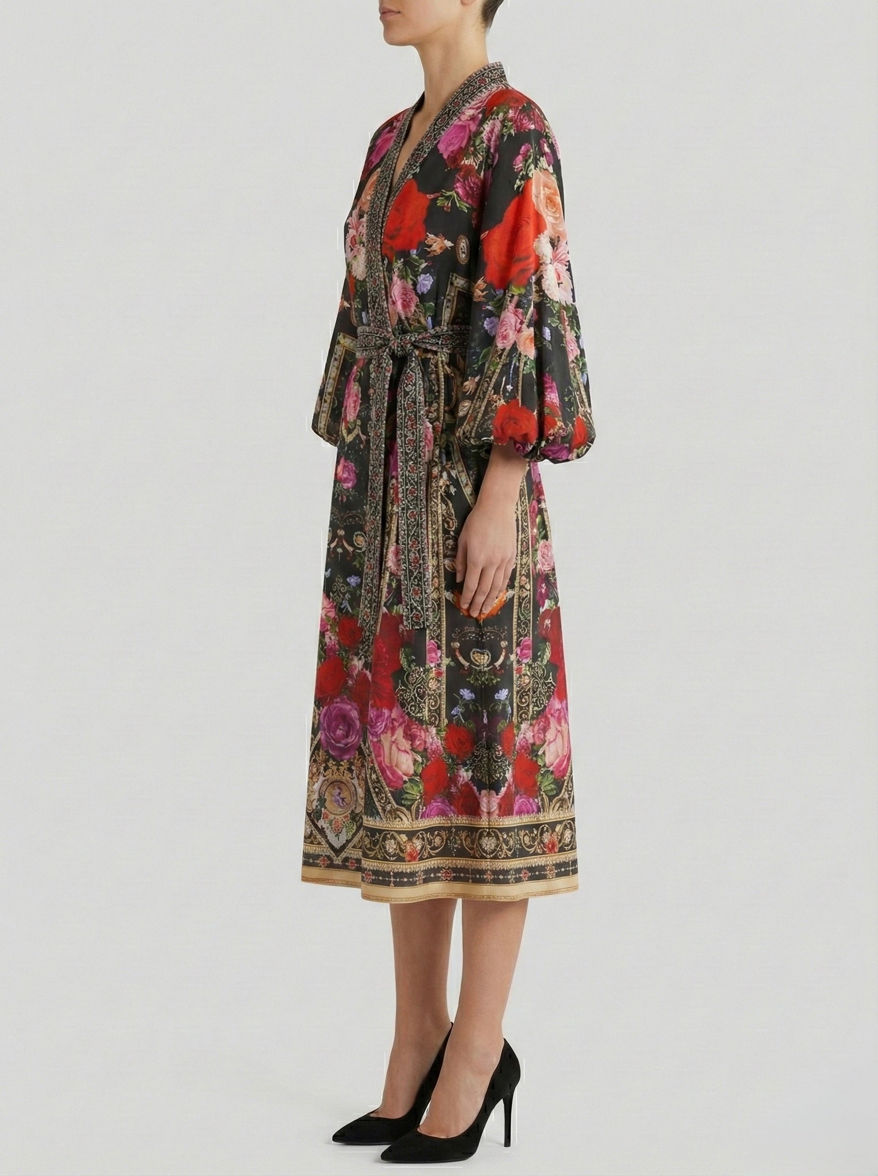 Midnight Flora Elegant Silk Wrap Dress
