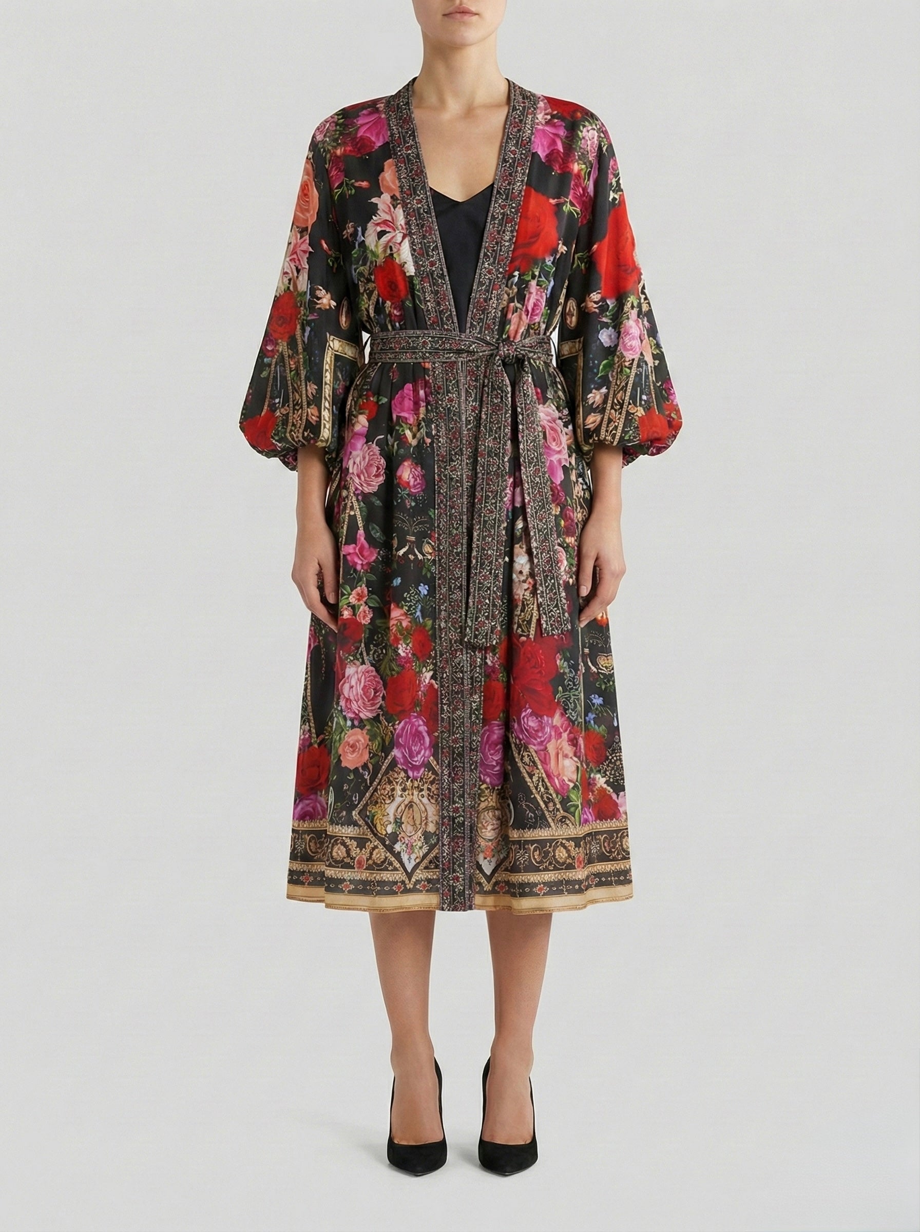 Midnight Flora Elegant Silk Wrap Dress
