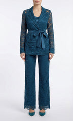 Satin-Tie Lace Tailored Jacket -La Azure