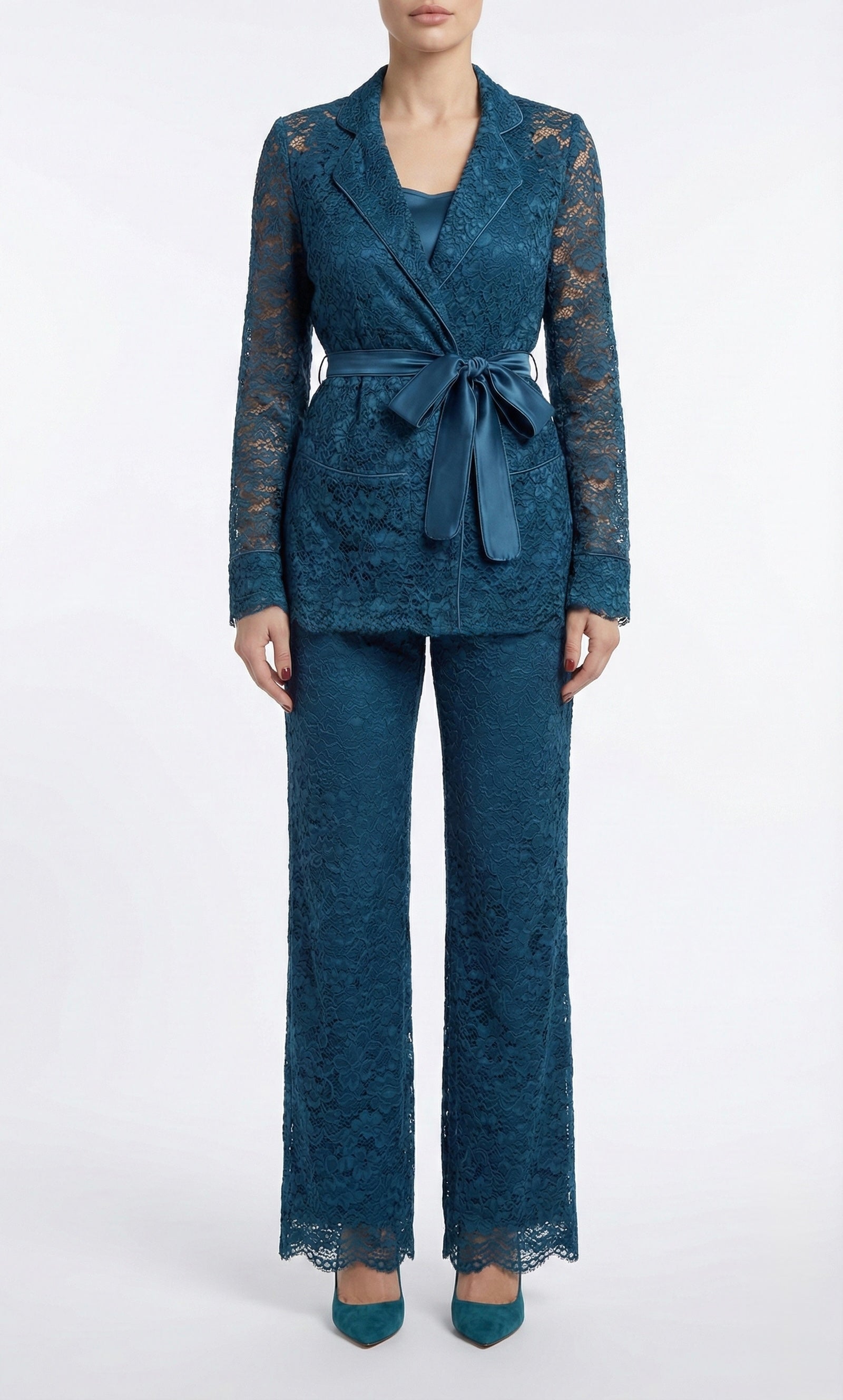 Satin-Tie Lace Tailored Jacket -La Azure