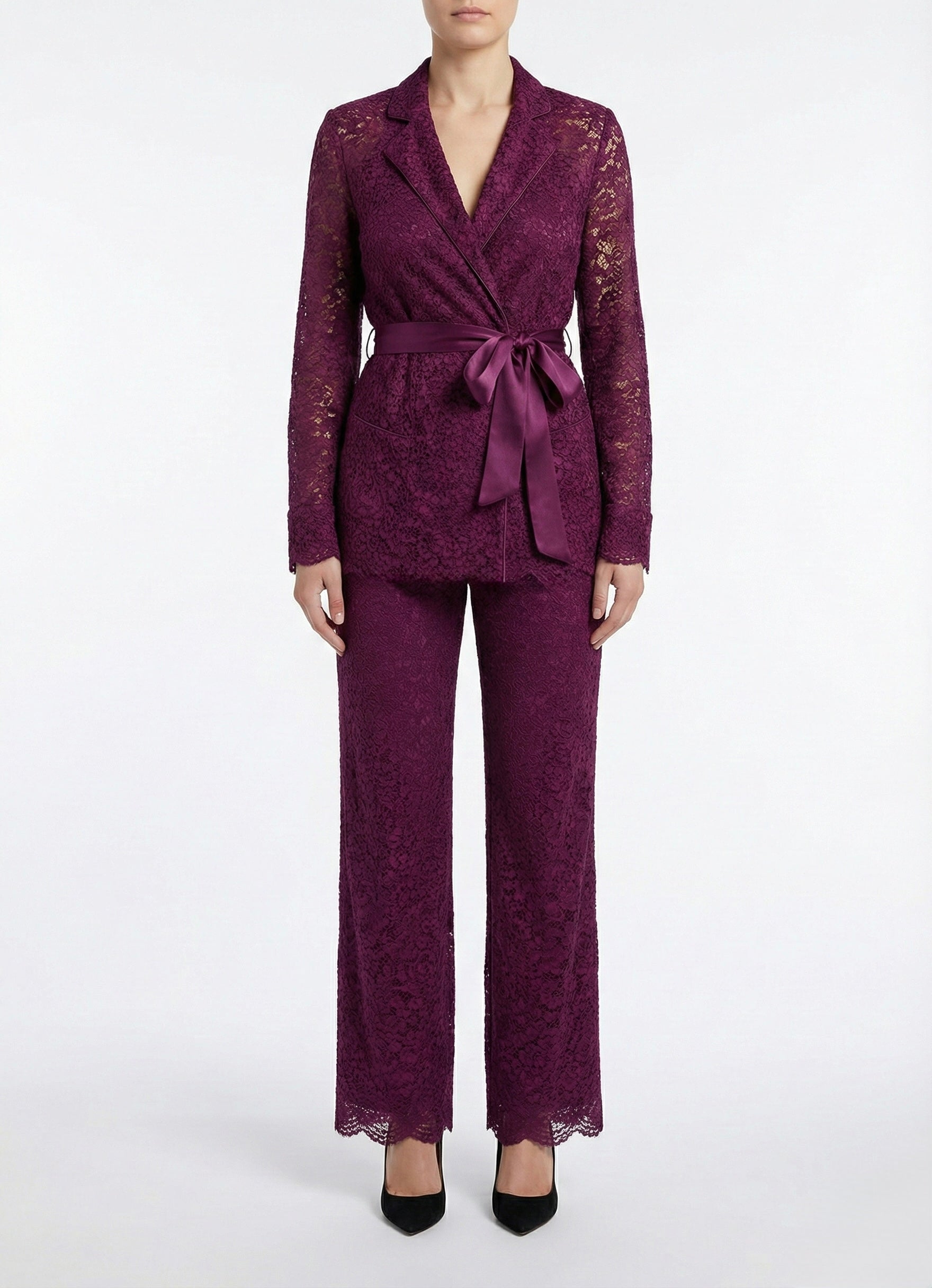 Satin-Tie Lace Tailored Jacket -La Bardoux