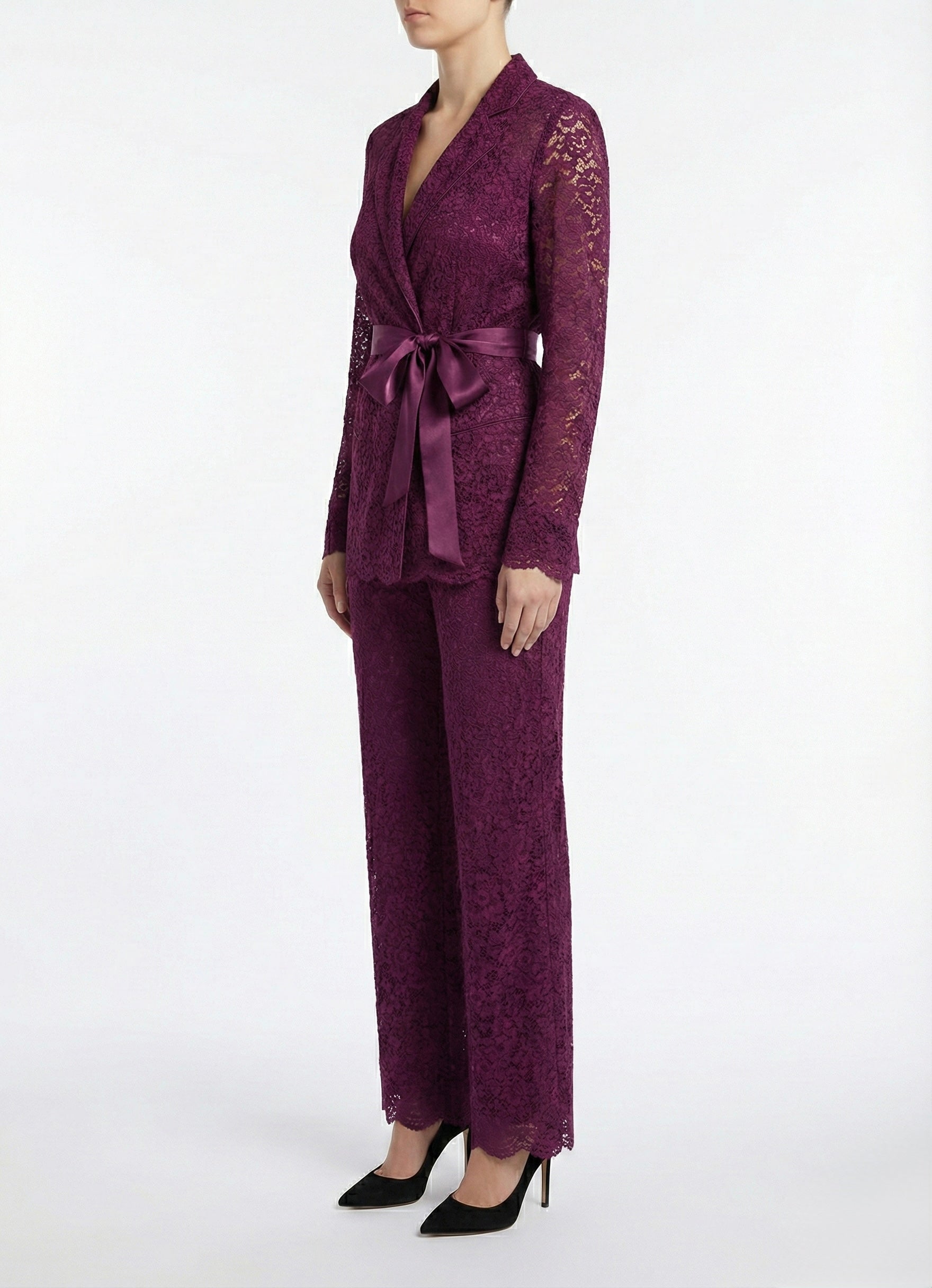 Satin-Tie Lace Tailored Jacket -La Bardoux