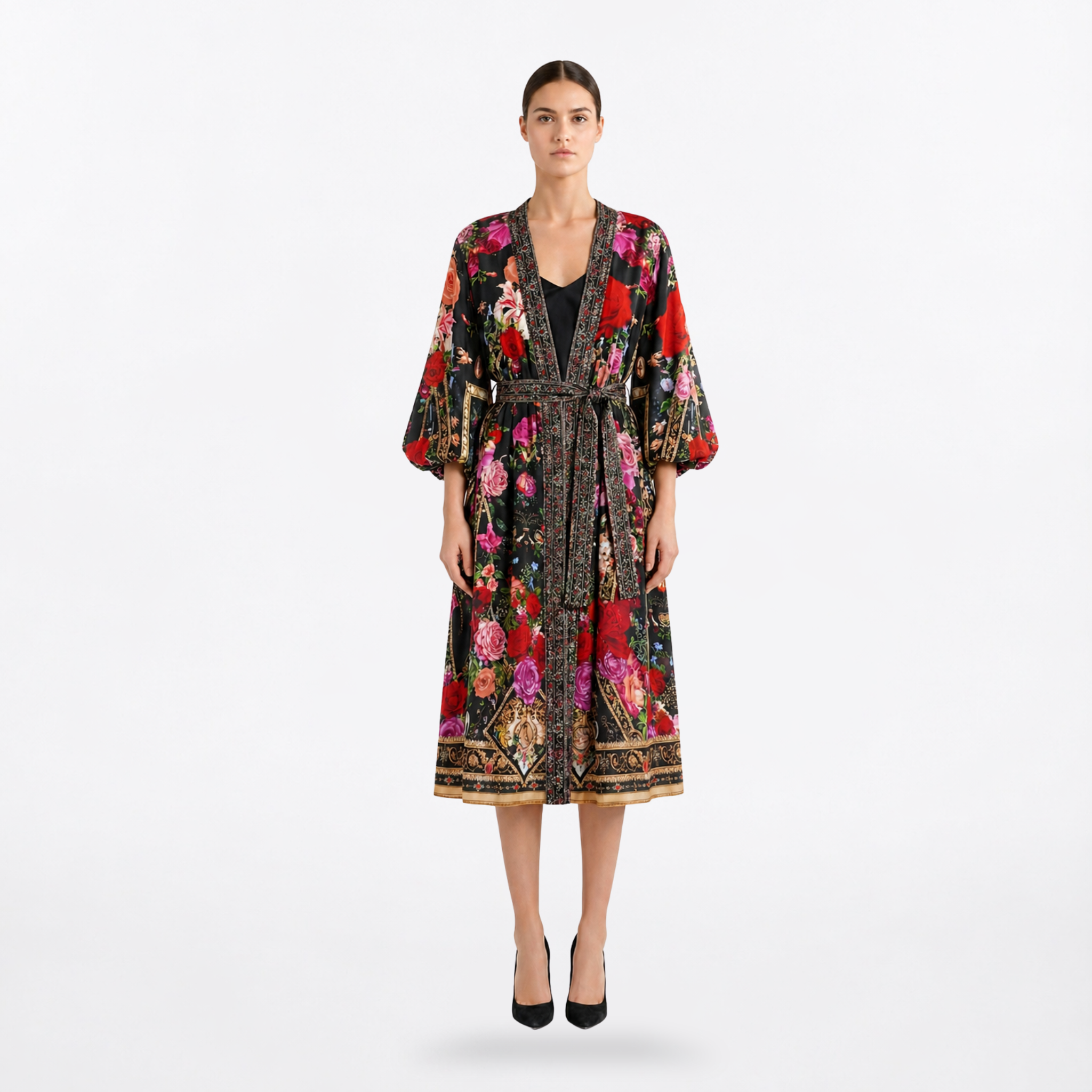 Midnight Flora Elegant Silk Wrap Dress